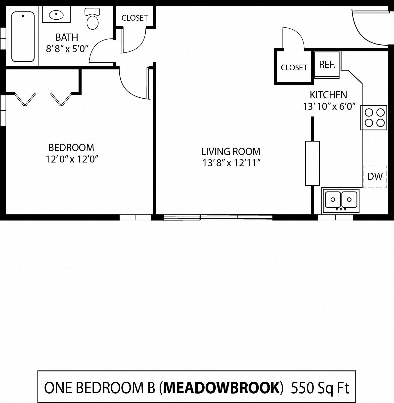 Floor plan for 1 bed, 1 bath, 550 sqft